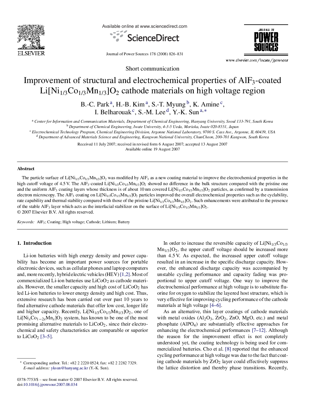 Improvement of structural and electrochemical properties of AlF3-coated Li[Ni1/3Co1/3Mn1/3]O2 cathode materials on high voltage region