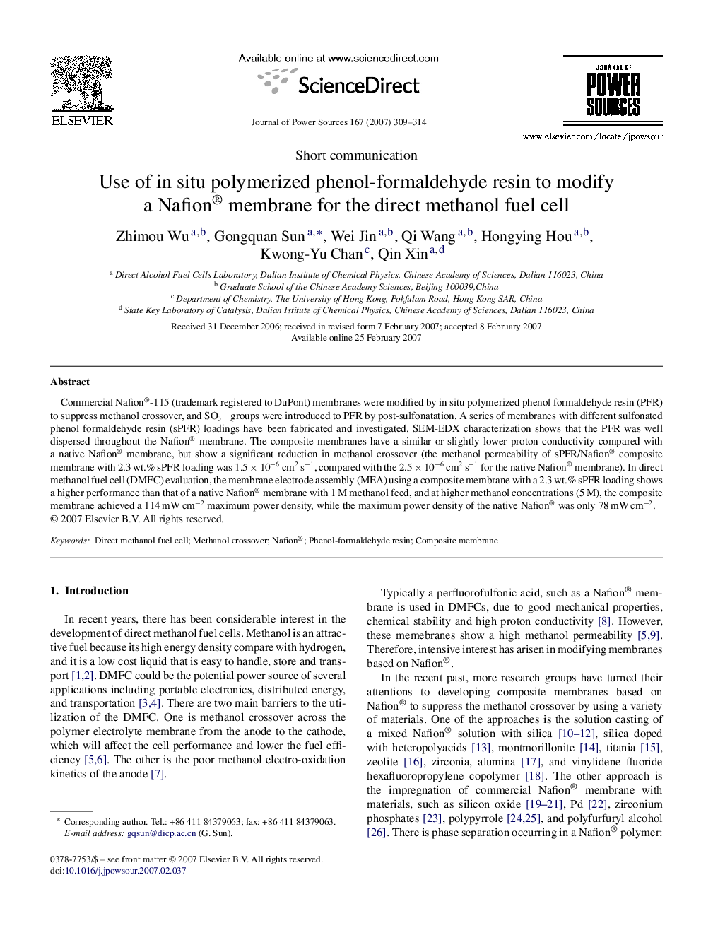 Use of in situ polymerized phenol-formaldehyde resin to modify a Nafion® membrane for the direct methanol fuel cell