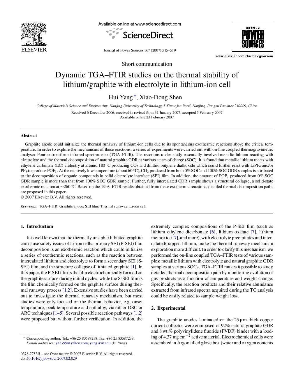 Dynamic TGA–FTIR studies on the thermal stability of lithium/graphite with electrolyte in lithium-ion cell