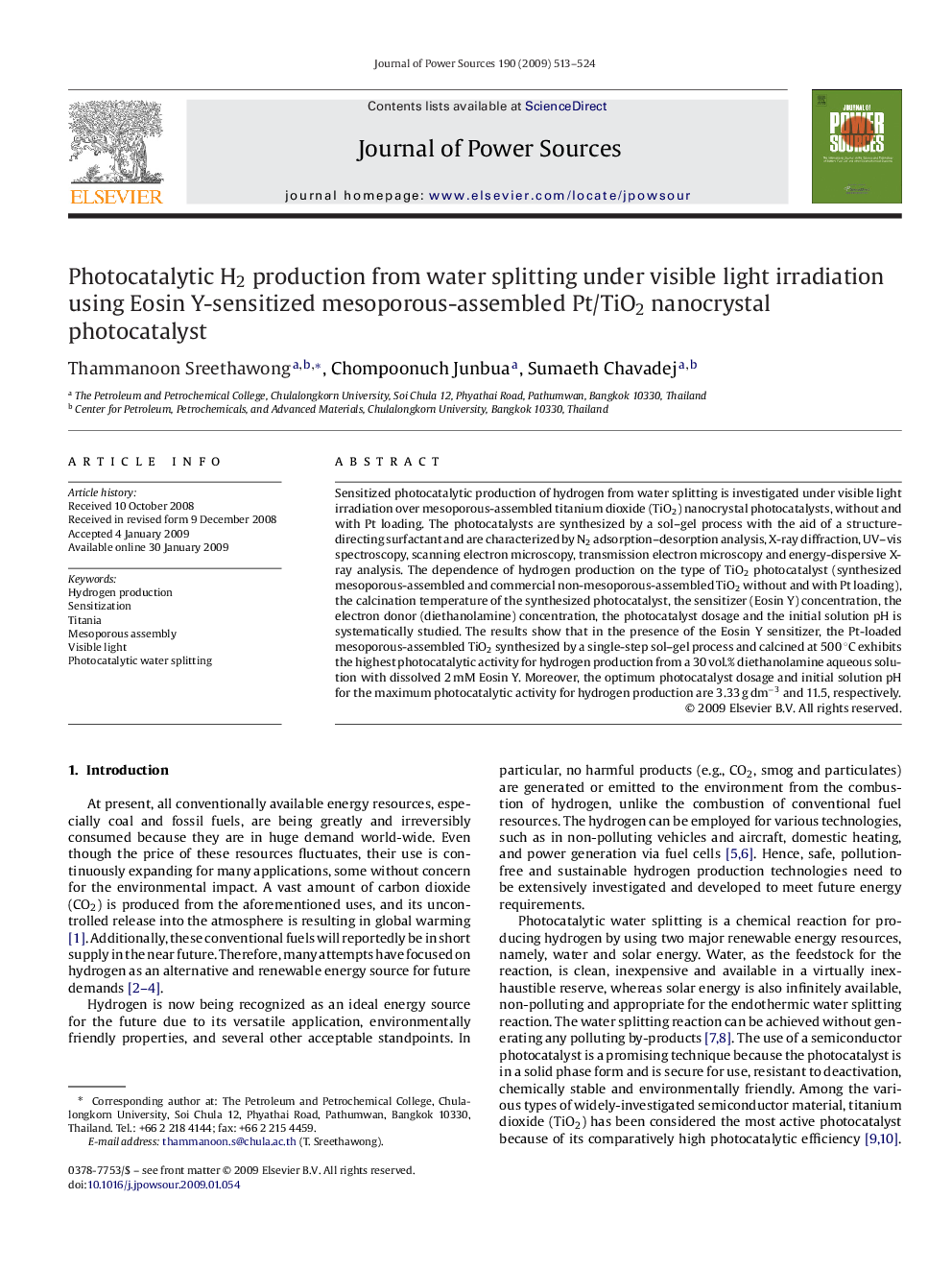 Photocatalytic H2 production from water splitting under visible light irradiation using Eosin Y-sensitized mesoporous-assembled Pt/TiO2 nanocrystal photocatalyst