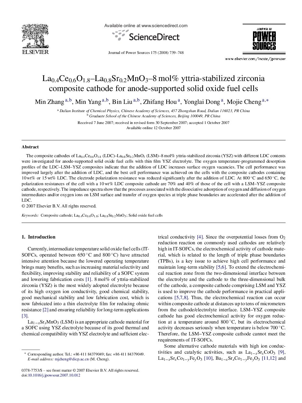 La0.4Ce0.6O1.8–La0.8Sr0.2MnO3–8 mol% yttria-stabilized zirconia composite cathode for anode-supported solid oxide fuel cells