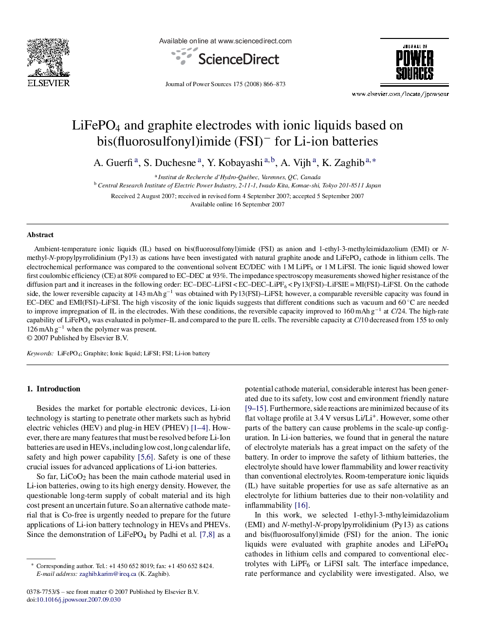 LiFePO4 and graphite electrodes with ionic liquids based on bis(fluorosulfonyl)imide (FSI)− for Li-ion batteries