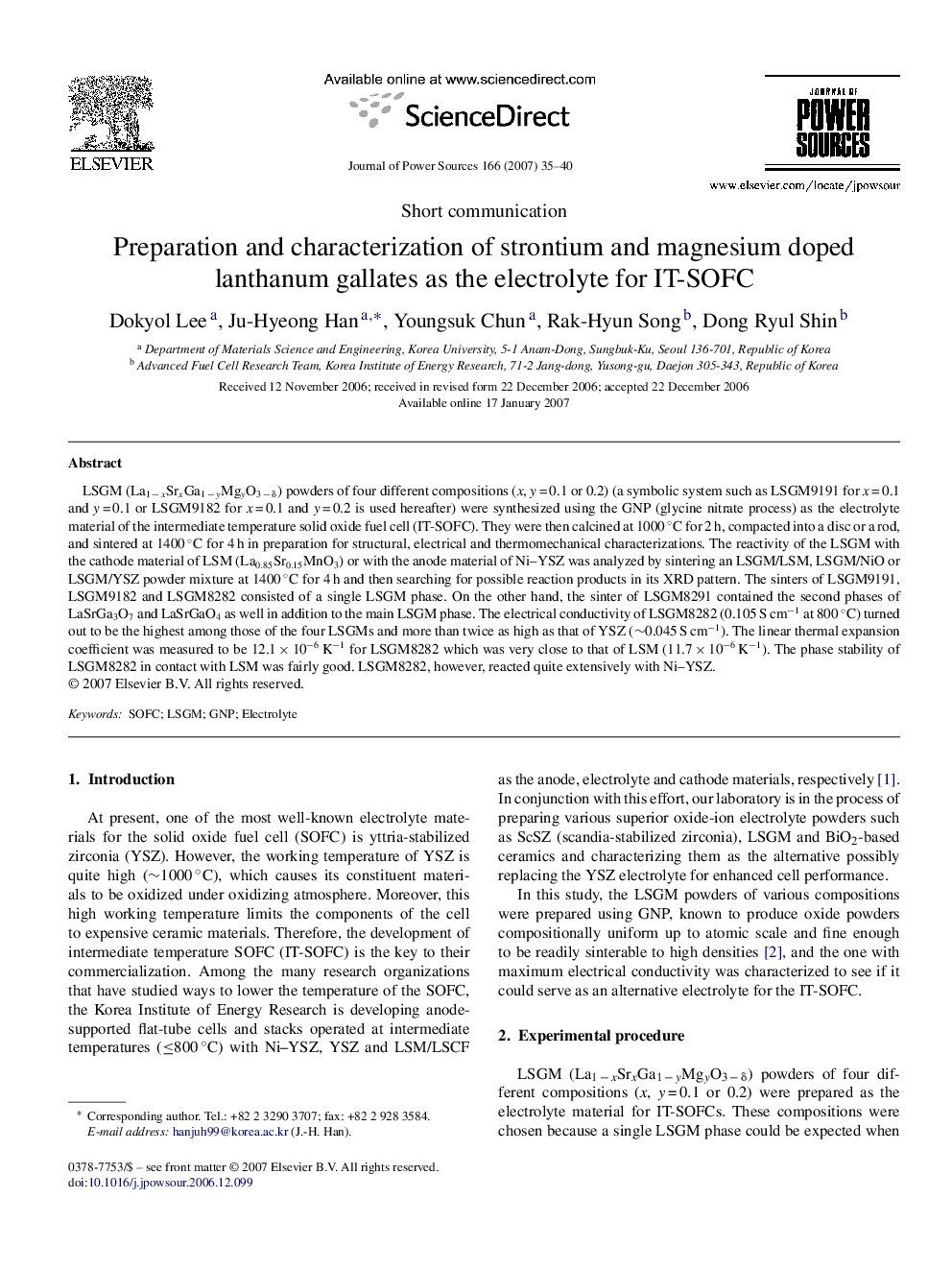 Preparation and characterization of strontium and magnesium doped lanthanum gallates as the electrolyte for IT-SOFC