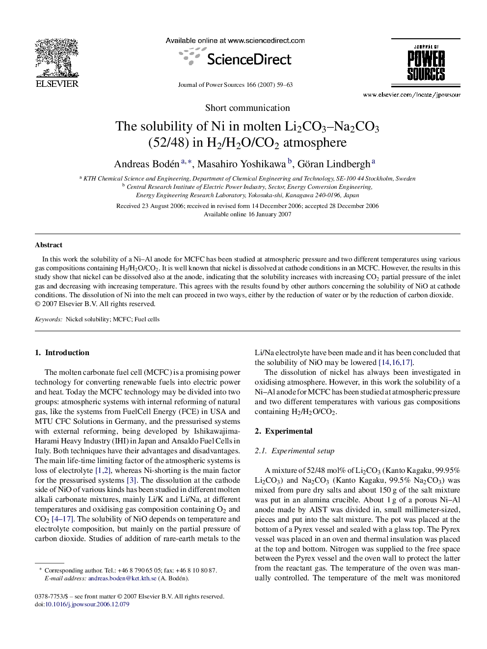 The solubility of Ni in molten Li2CO3–Na2CO3 (52/48) in H2/H2O/CO2 atmosphere