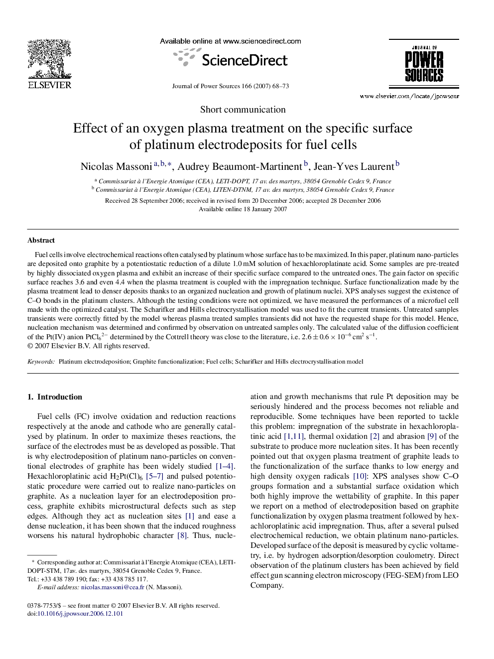 Effect of an oxygen plasma treatment on the specific surface of platinum electrodeposits for fuel cells