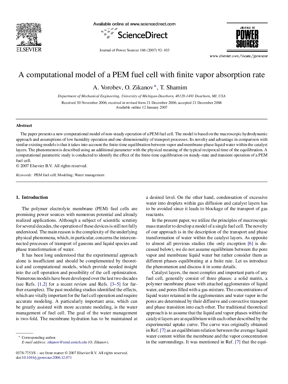 A computational model of a PEM fuel cell with finite vapor absorption rate