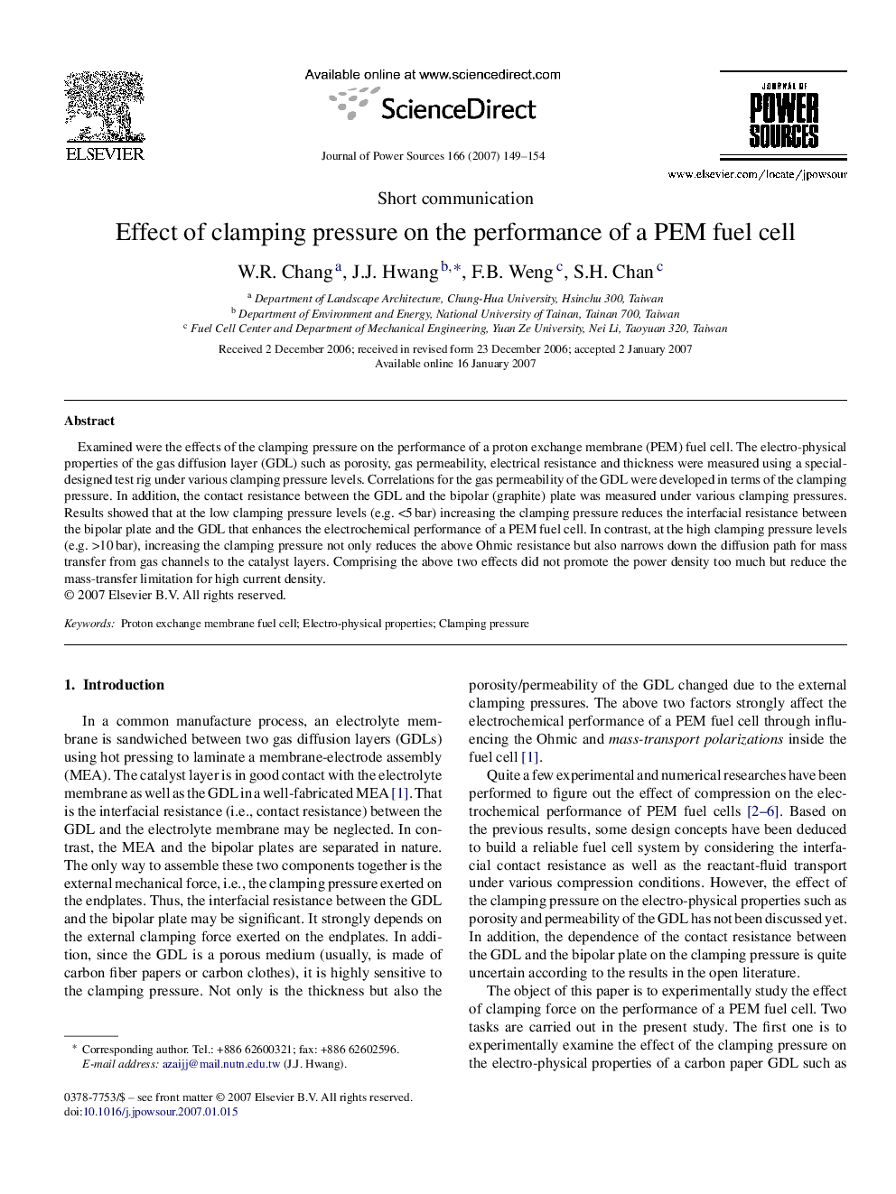 Effect of clamping pressure on the performance of a PEM fuel cell