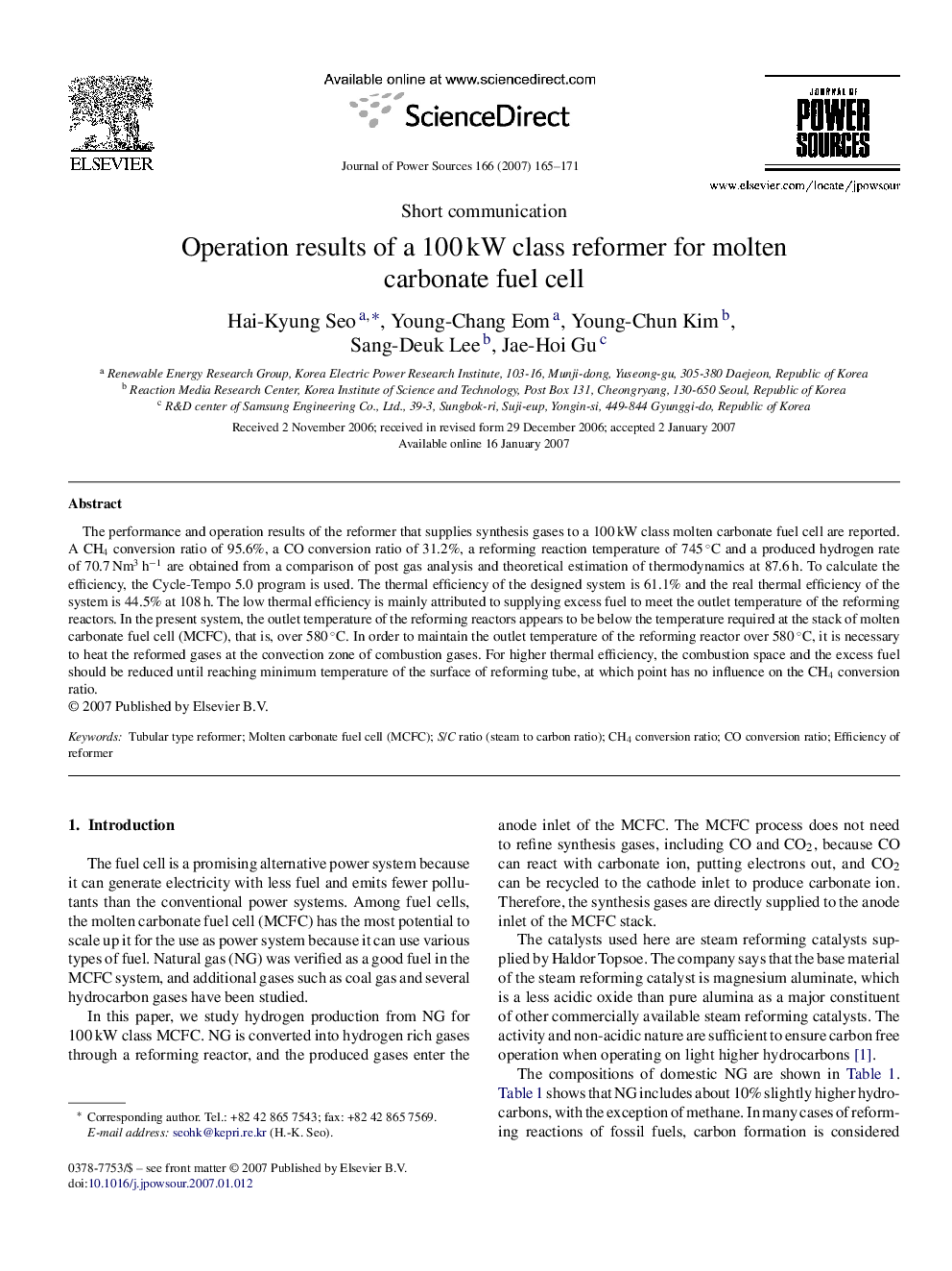 Operation results of a 100 kW class reformer for molten carbonate fuel cell