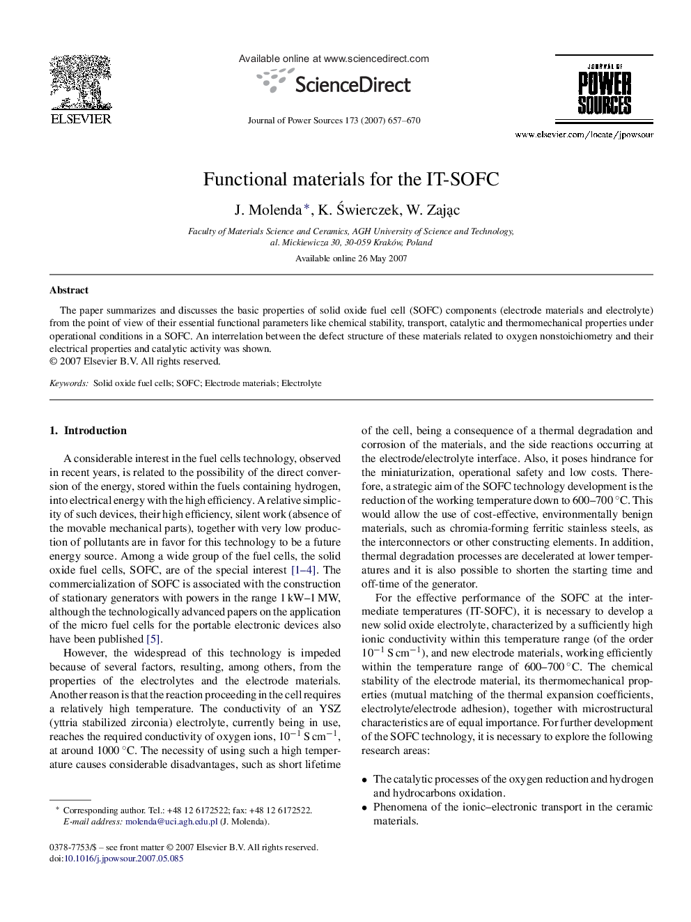 Functional materials for the IT-SOFC