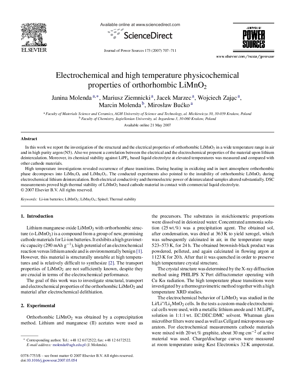 Electrochemical and high temperature physicochemical properties of orthorhombic LiMnO2