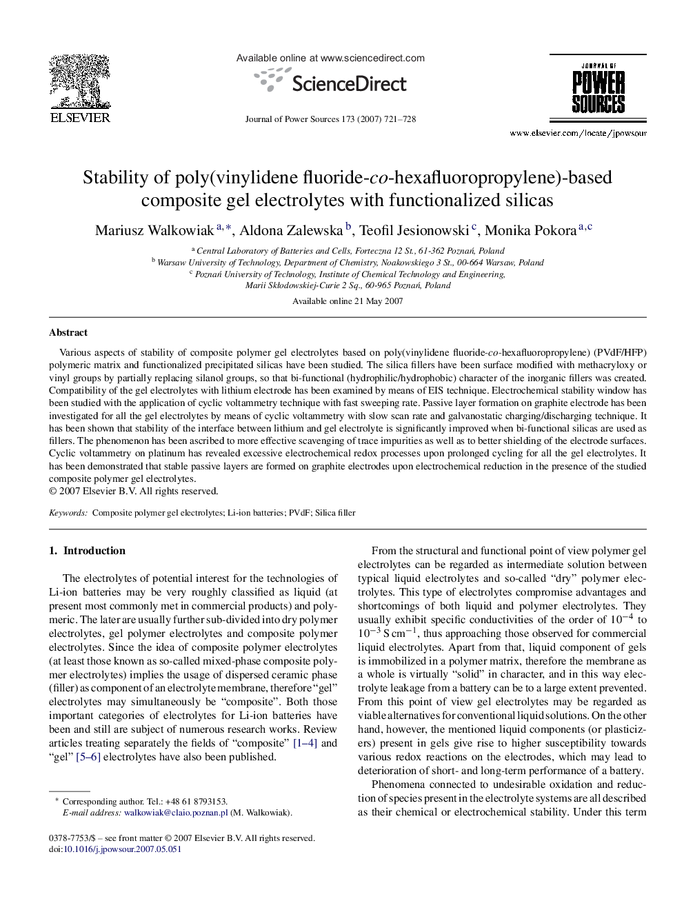 Stability of poly(vinylidene fluoride-co-hexafluoropropylene)-based composite gel electrolytes with functionalized silicas