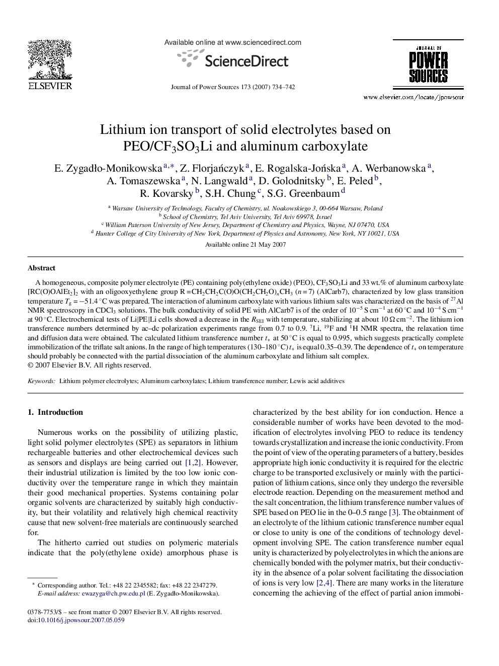 Lithium ion transport of solid electrolytes based on PEO/CF3SO3Li and aluminum carboxylate