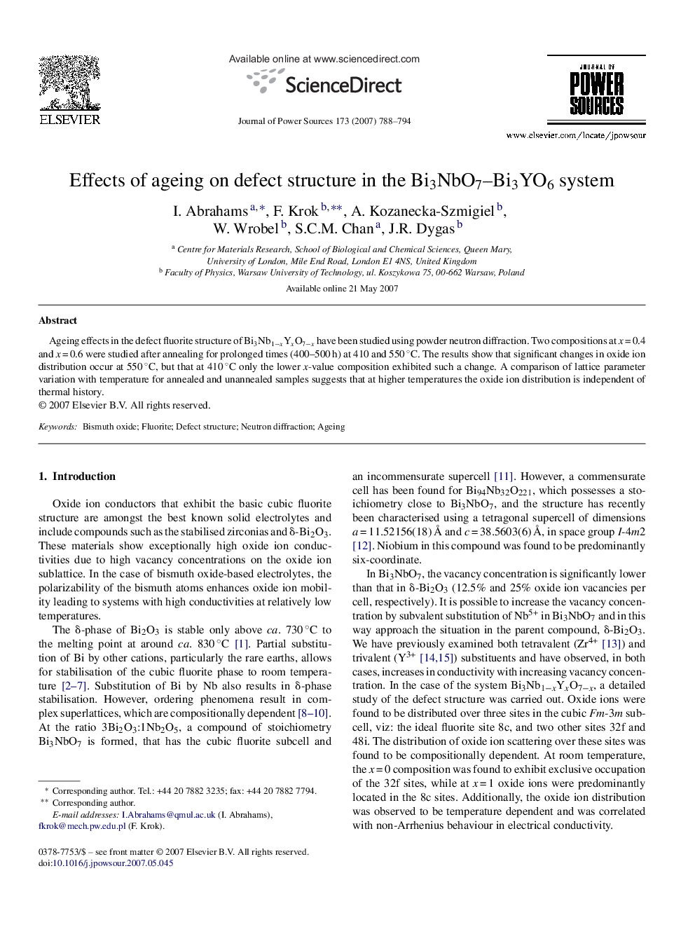 Effects of ageing on defect structure in the Bi3NbO7-Bi3YO6 system