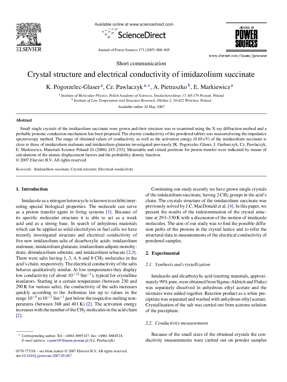 Crystal structure and electrical conductivity of imidazolium succinate