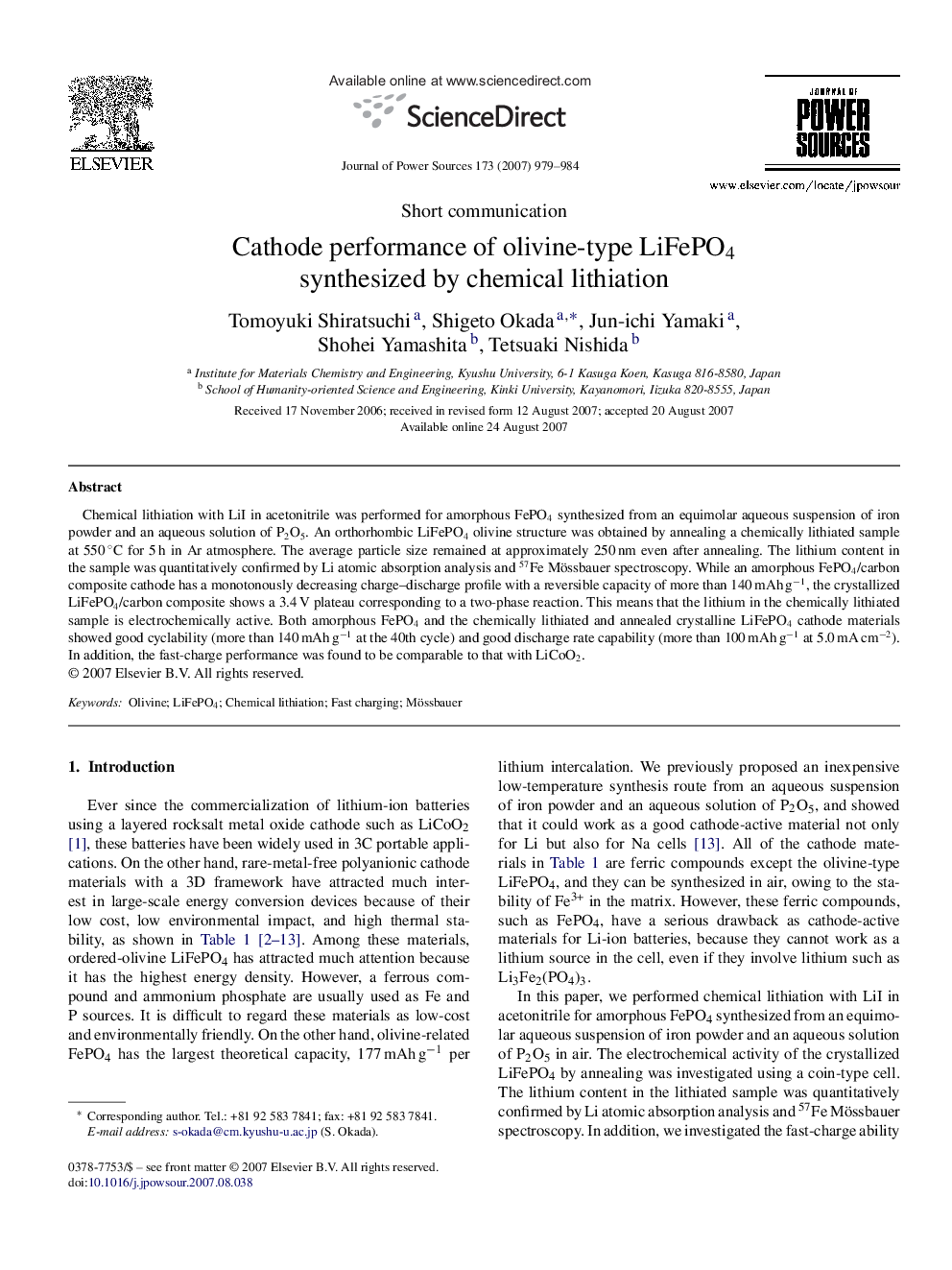 Cathode performance of olivine-type LiFePO4 synthesized by chemical lithiation