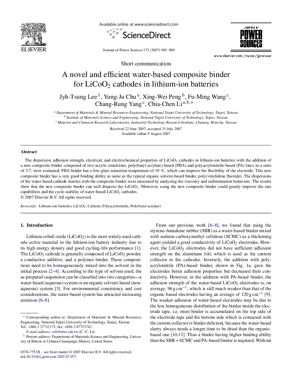 A novel and efficient water-based composite binder for LiCoO2 cathodes in lithium-ion batteries