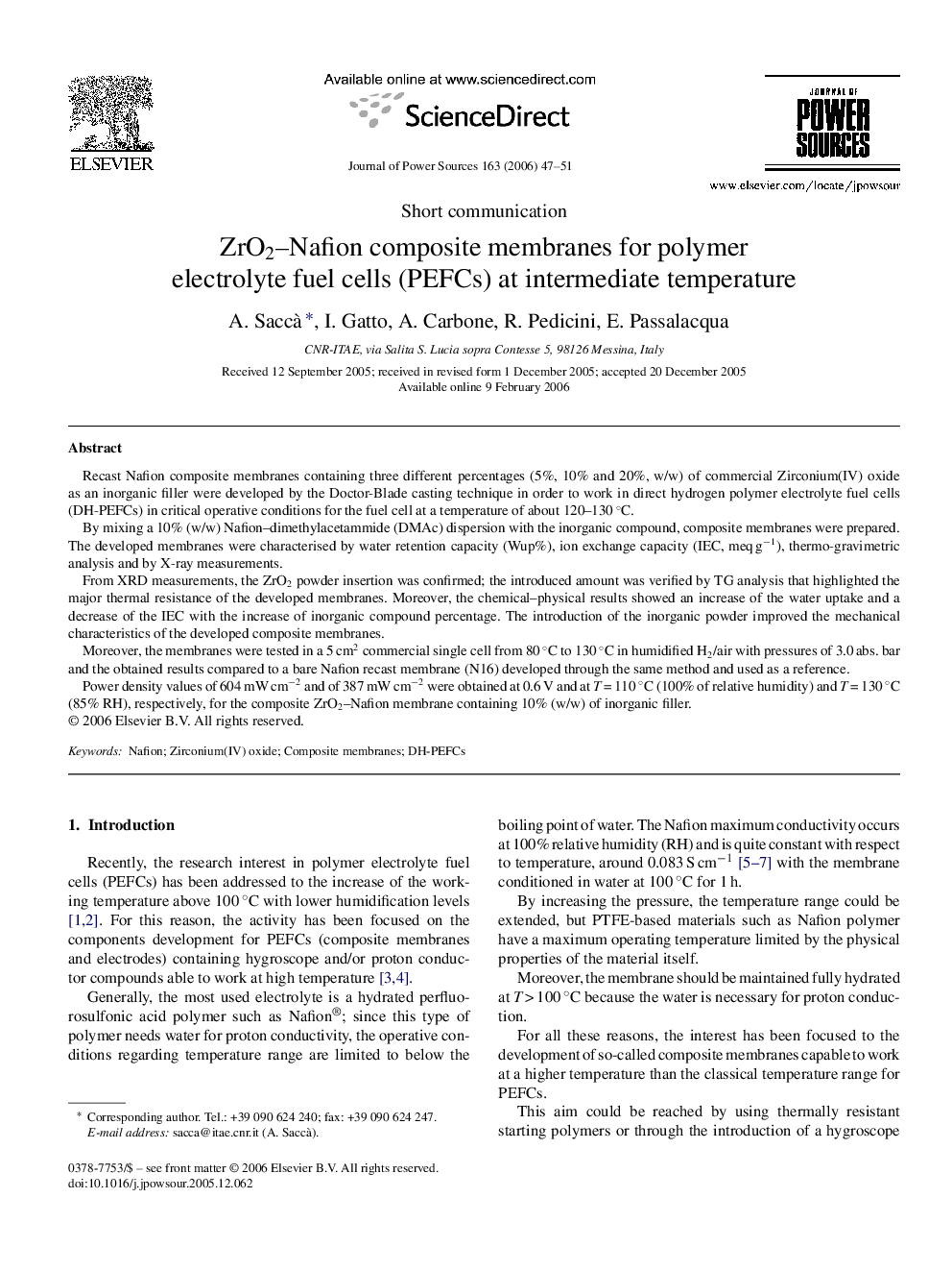 ZrO2–Nafion composite membranes for polymer electrolyte fuel cells (PEFCs) at intermediate temperature