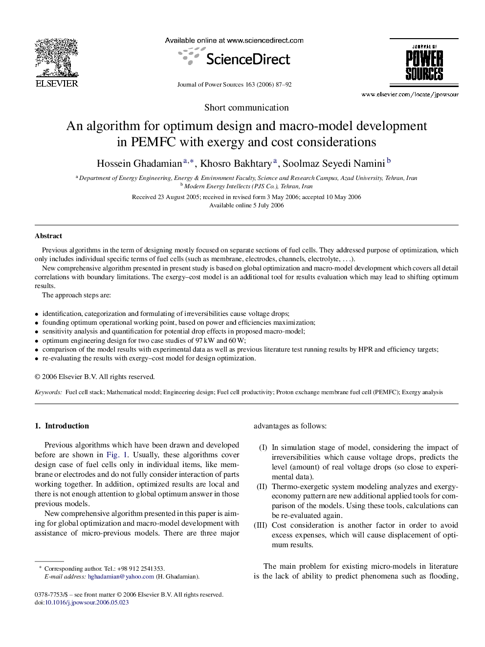 An algorithm for optimum design and macro-model development in PEMFC with exergy and cost considerations