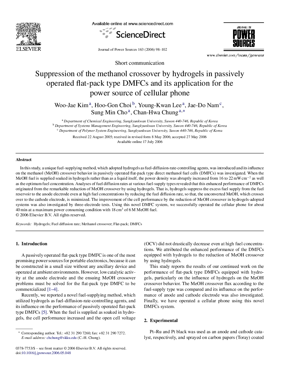 Suppression of the methanol crossover by hydrogels in passively operated flat-pack type DMFCs and its application for the power source of cellular phone