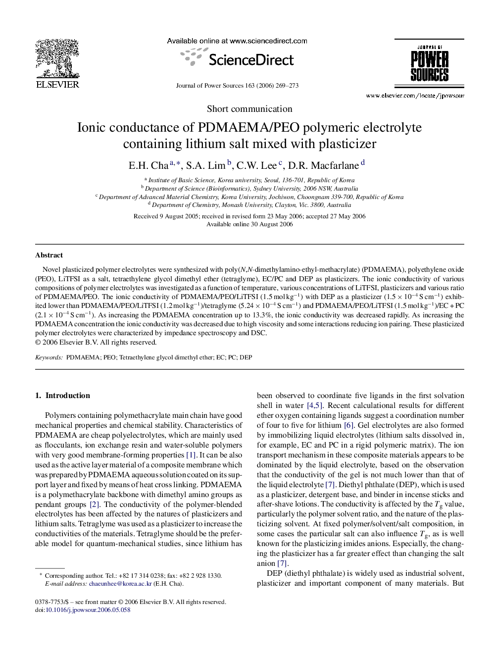 Ionic conductance of PDMAEMA/PEO polymeric electrolyte containing lithium salt mixed with plasticizer