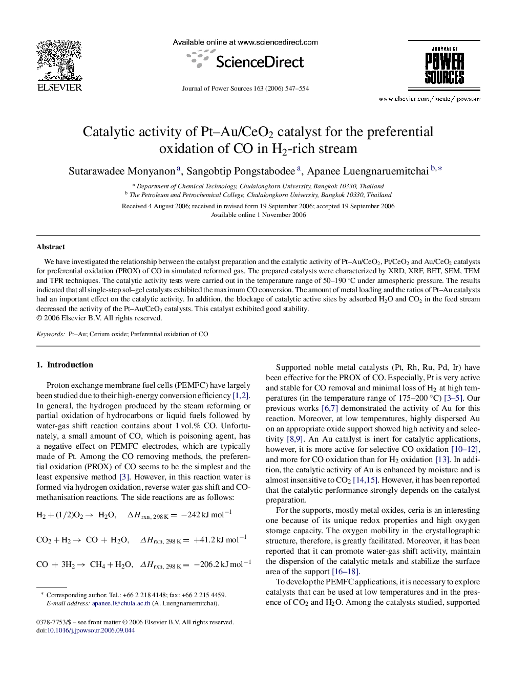 Catalytic activity of Pt–Au/CeO2 catalyst for the preferential oxidation of CO in H2-rich stream