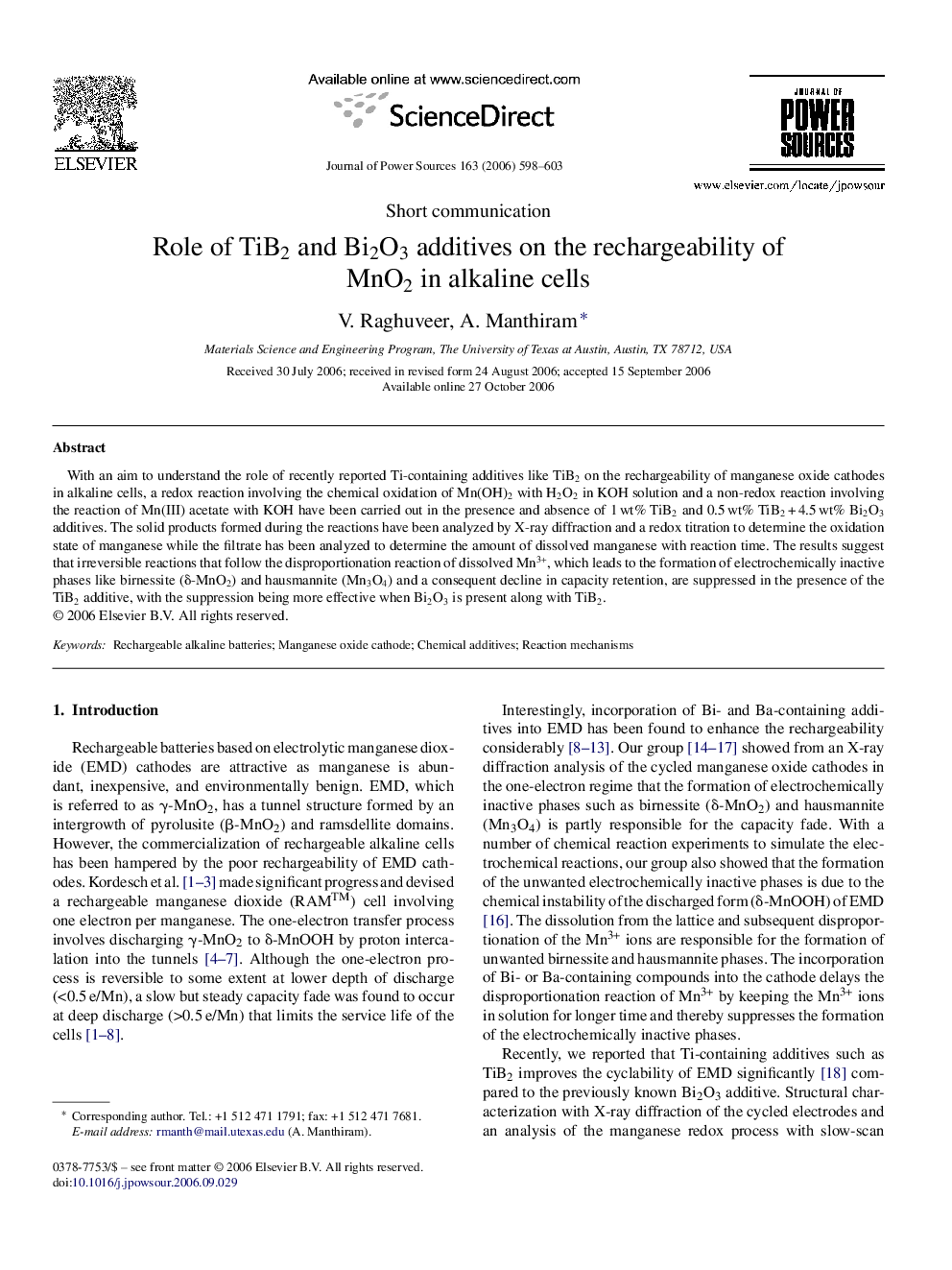 Role of TiB2 and Bi2O3 additives on the rechargeability of MnO2 in alkaline cells