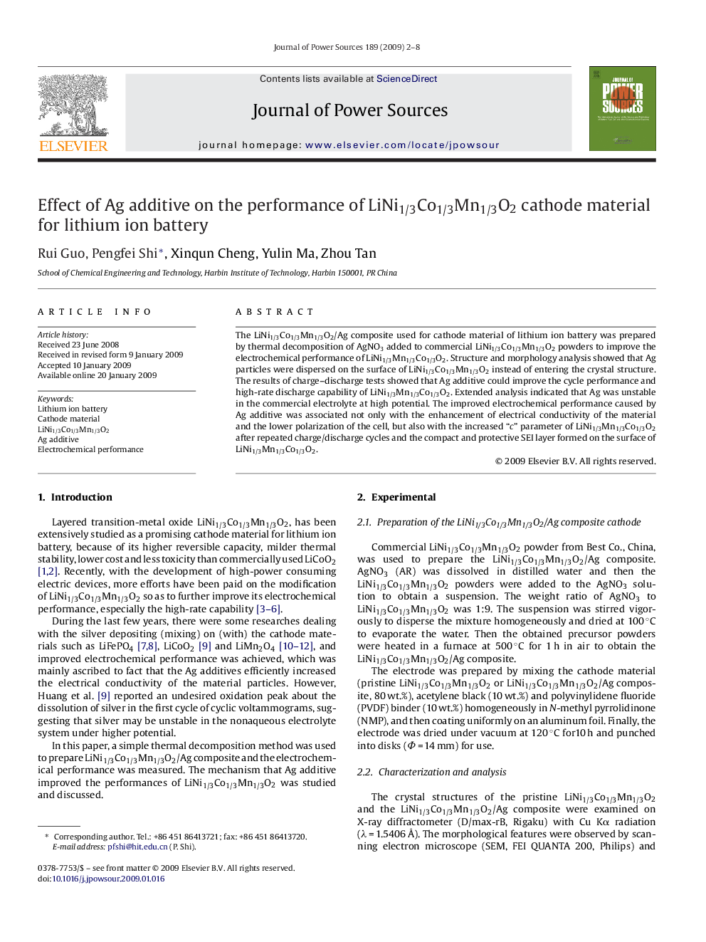 Effect of Ag additive on the performance of LiNi1/3Co1/3Mn1/3O2 cathode material for lithium ion battery