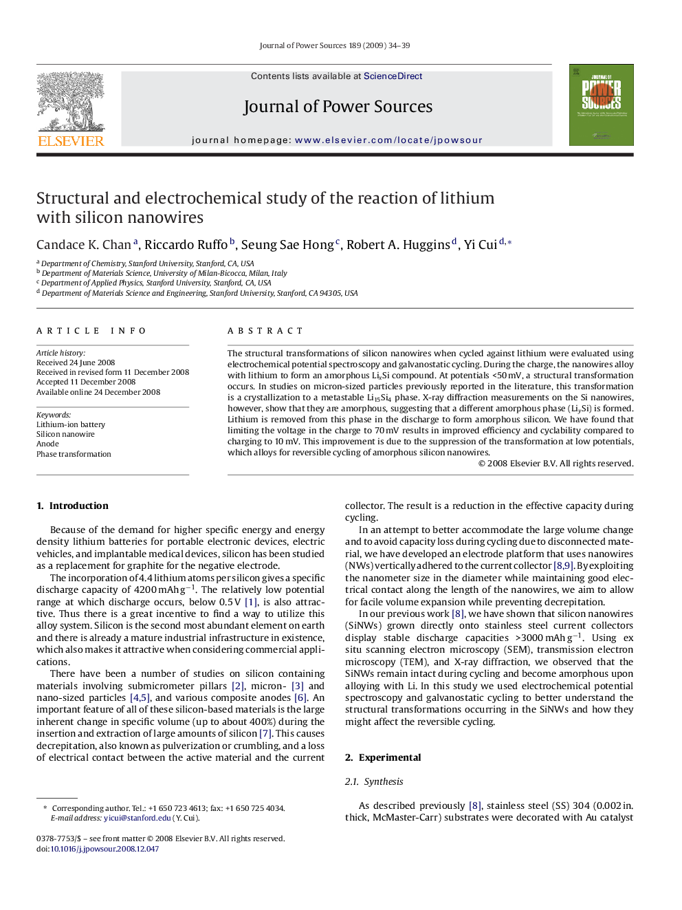 Structural and electrochemical study of the reaction of lithium with silicon nanowires