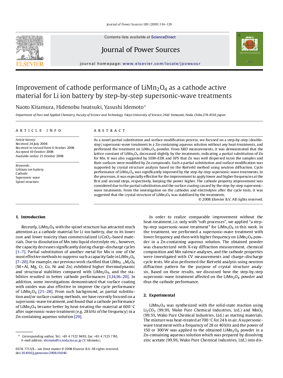 Improvement of cathode performance of LiMn2O4 as a cathode active material for Li ion battery by step-by-step supersonic-wave treatments