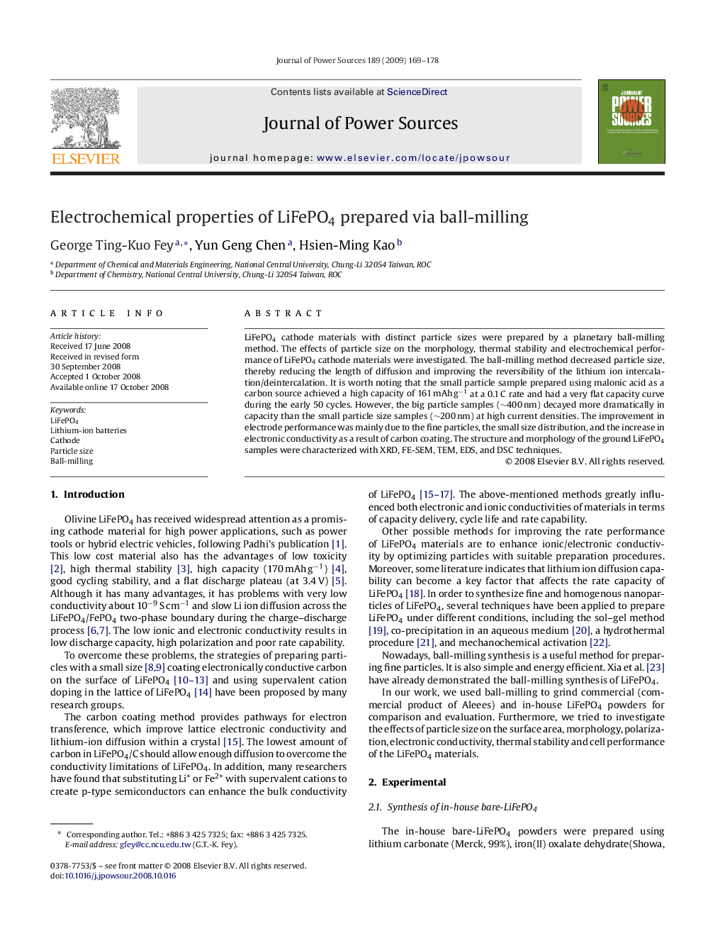 Electrochemical properties of LiFePO4 prepared via ball-milling