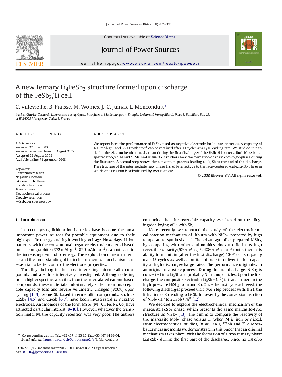 A new ternary Li4FeSb2 structure formed upon discharge of the FeSb2/Li cell