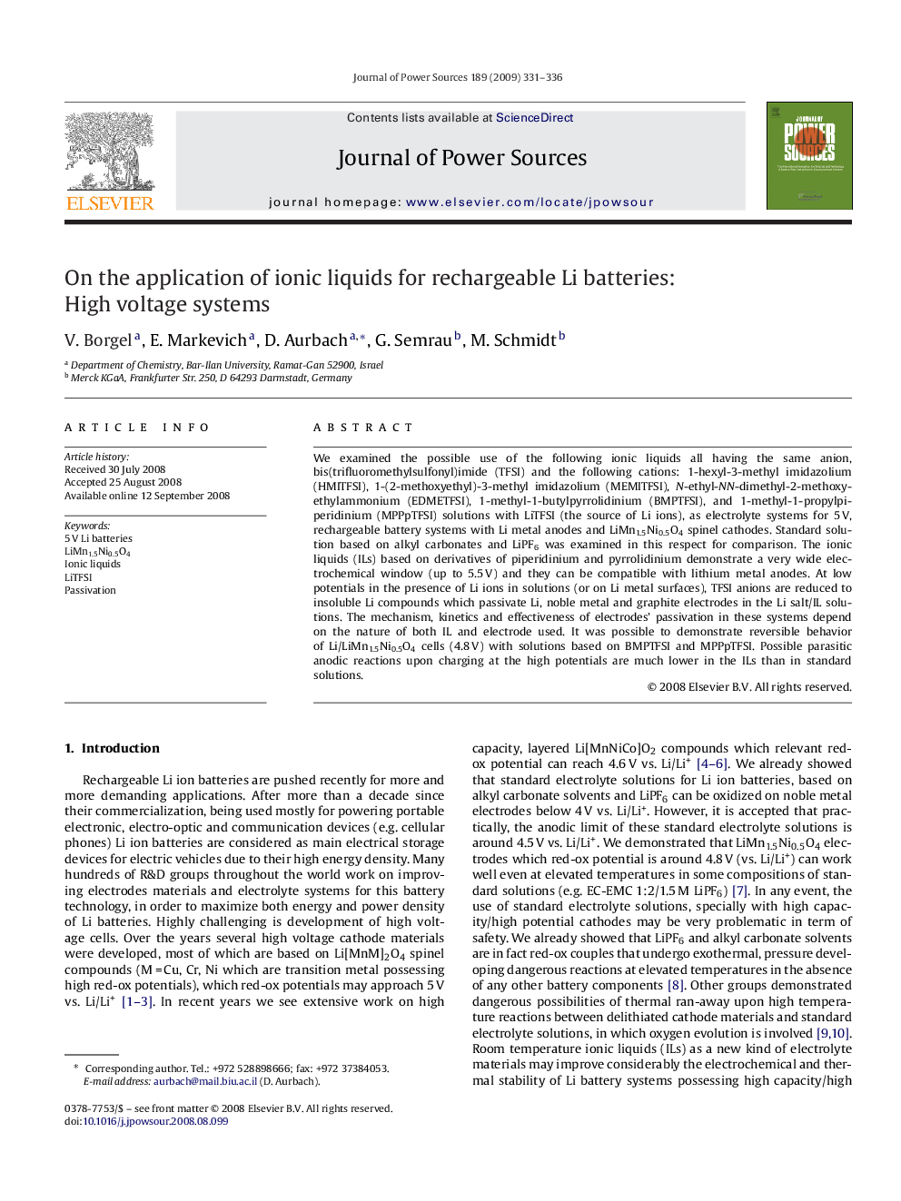 On the application of ionic liquids for rechargeable Li batteries: High voltage systems