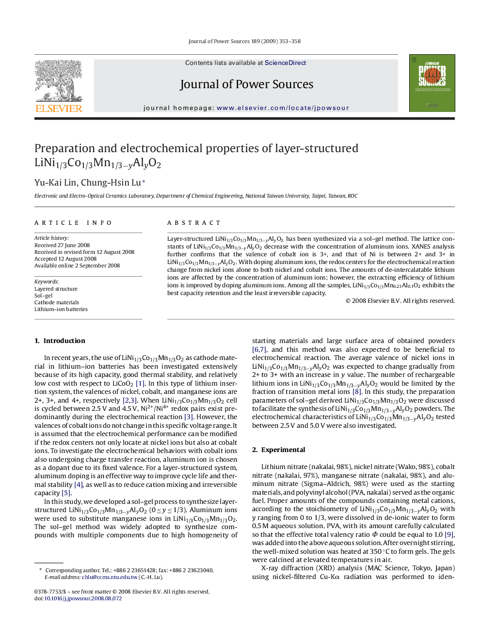 Preparation and electrochemical properties of layer-structured LiNi1/3Co1/3Mn1/3−yAlyO2