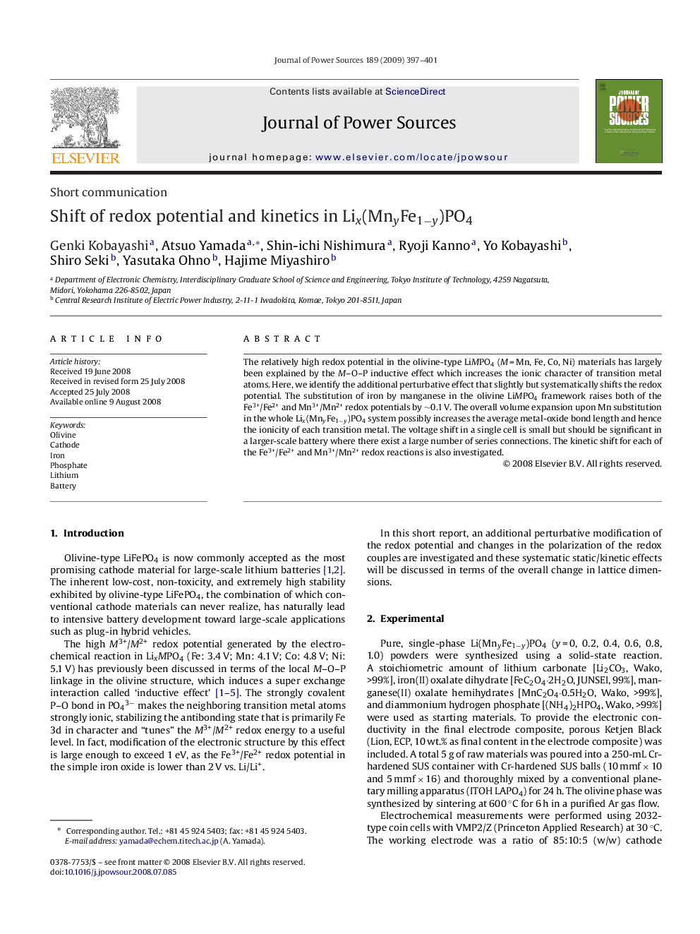 Shift of redox potential and kinetics in Lix(MnyFe1−y)PO4