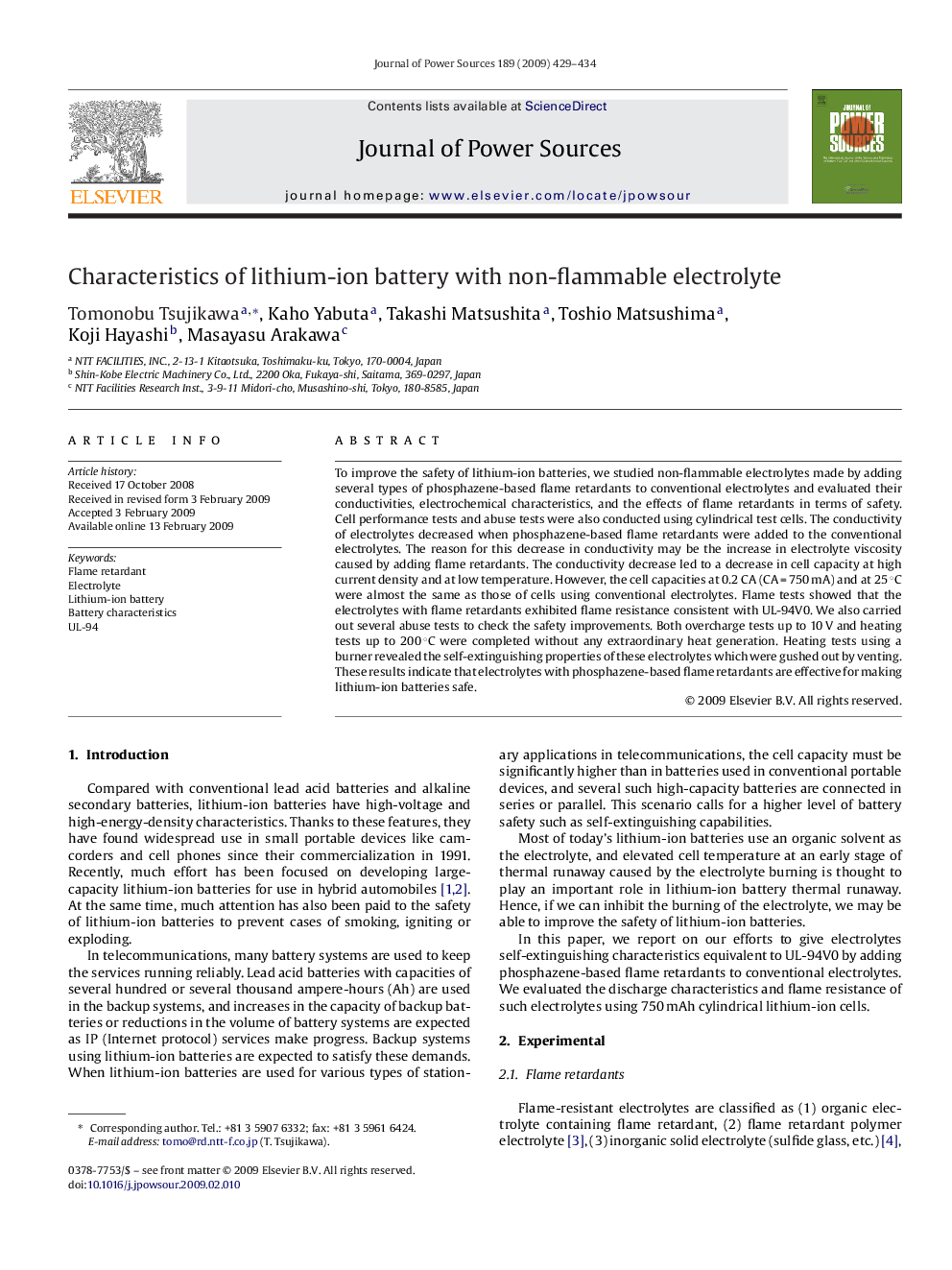 Characteristics of lithium-ion battery with non-flammable electrolyte