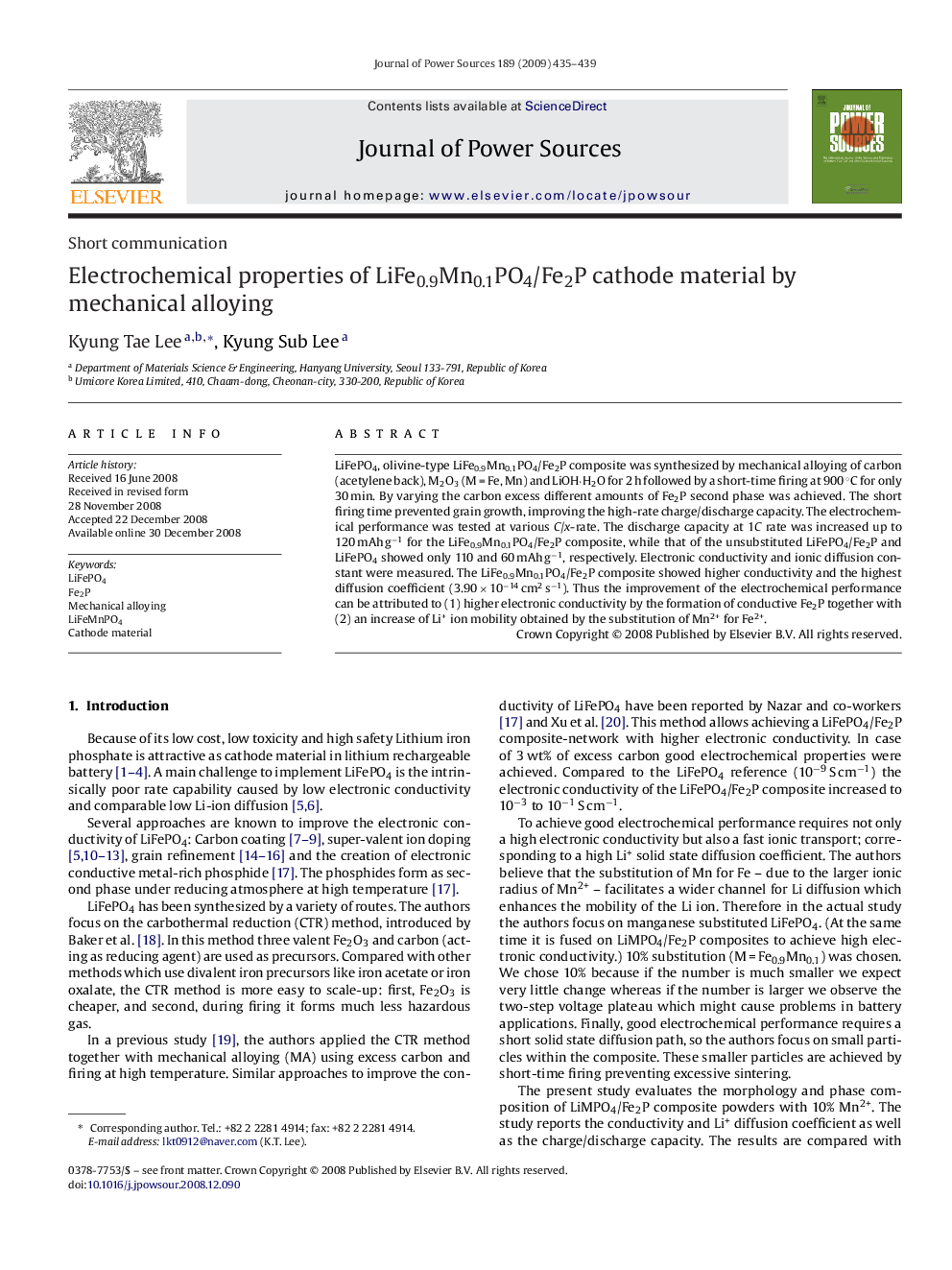 Electrochemical properties of LiFe0.9Mn0.1PO4/Fe2P cathode material by mechanical alloying