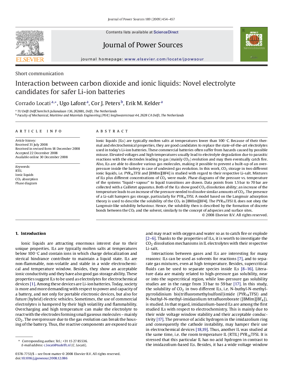 Interaction between carbon dioxide and ionic liquids: Novel electrolyte candidates for safer Li-ion batteries