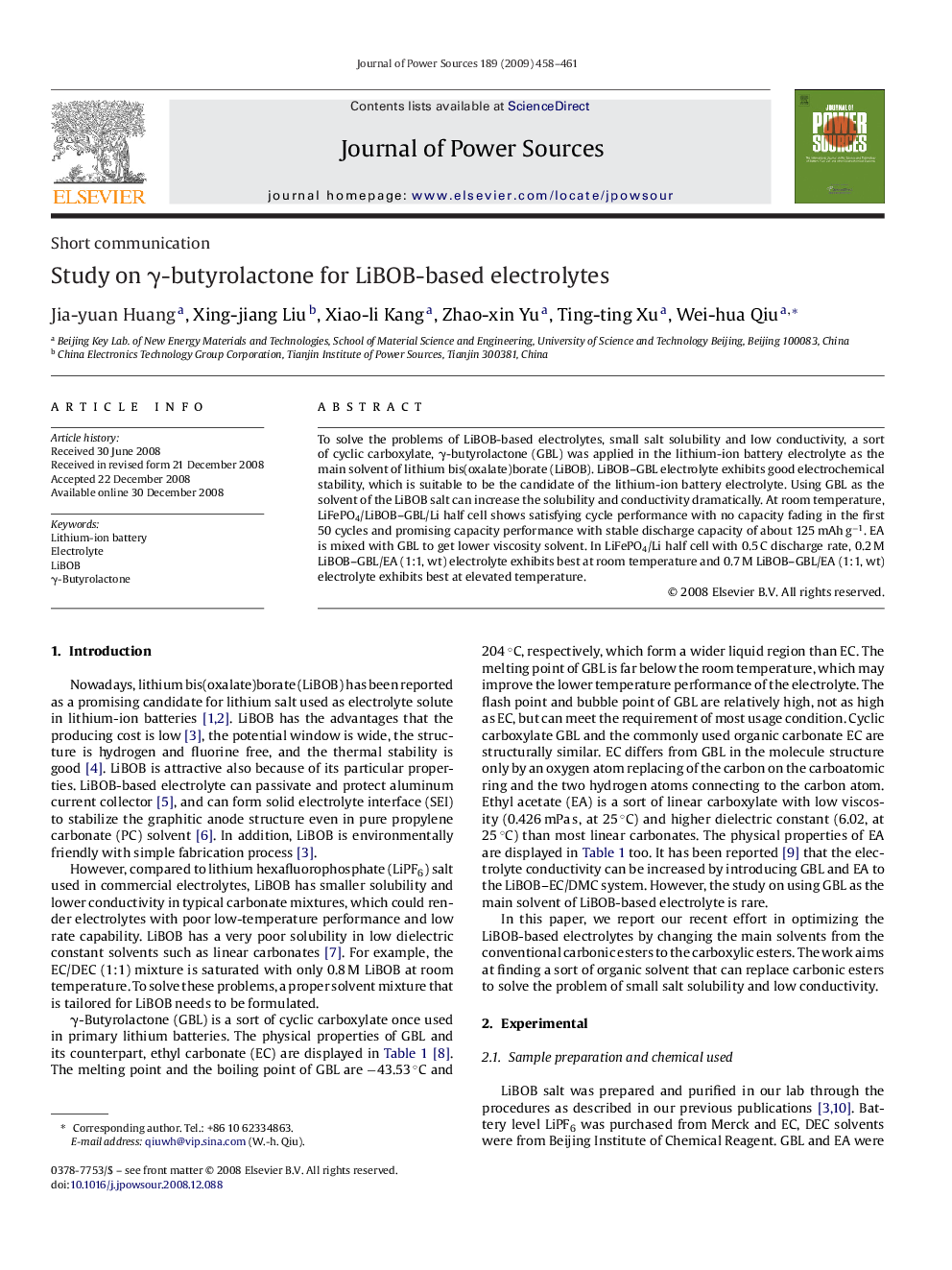 Study on γ-butyrolactone for LiBOB-based electrolytes