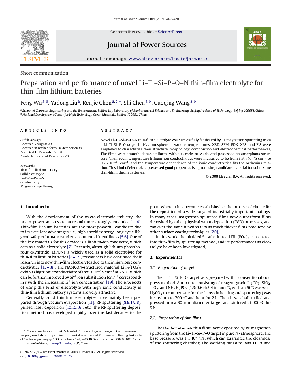 Preparation and performance of novel Li–Ti–Si–P–O–N thin-film electrolyte for thin-film lithium batteries