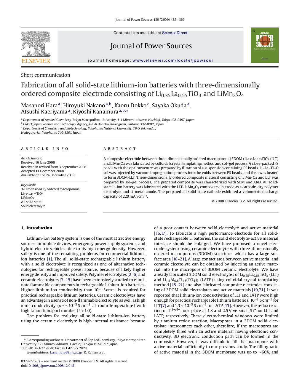 Fabrication of all solid-state lithium-ion batteries with three-dimensionally ordered composite electrode consisting of Li0.35La0.55TiO3 and LiMn2O4