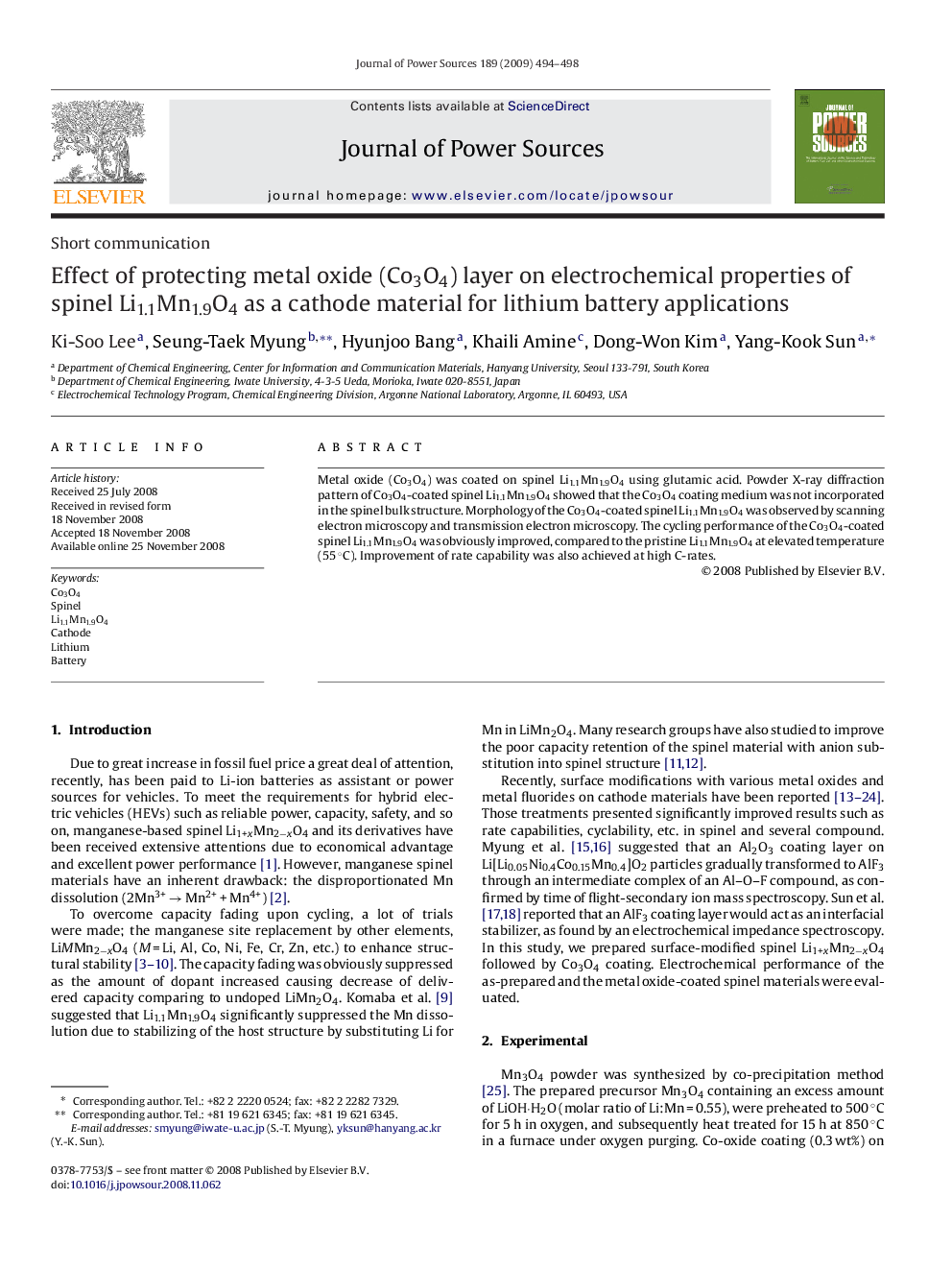 Effect of protecting metal oxide (Co3O4) layer on electrochemical properties of spinel Li1.1Mn1.9O4 as a cathode material for lithium battery applications