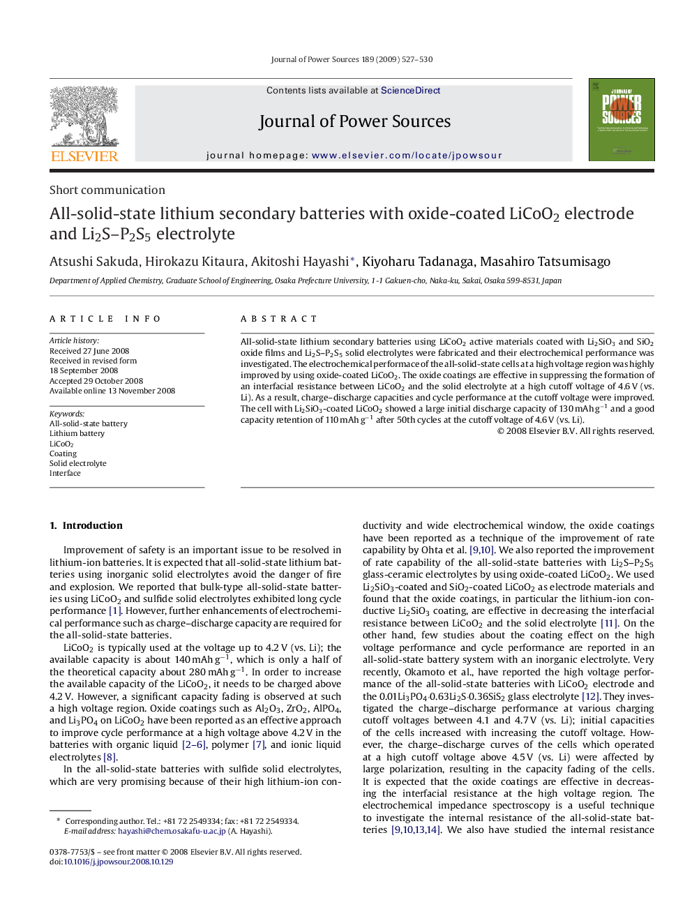 All-solid-state lithium secondary batteries with oxide-coated LiCoO2 electrode and Li2S–P2S5 electrolyte