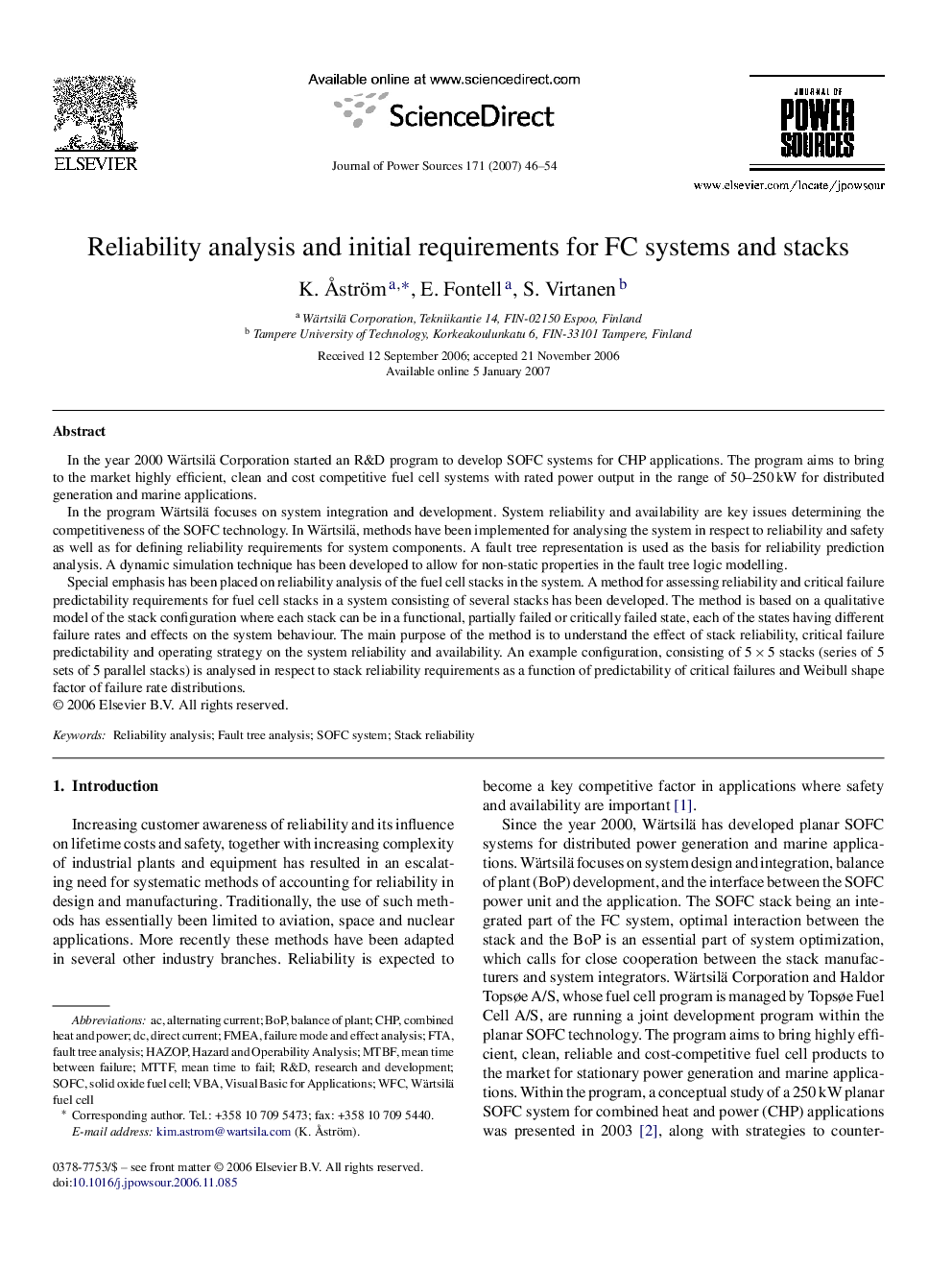 Reliability analysis and initial requirements for FC systems and stacks