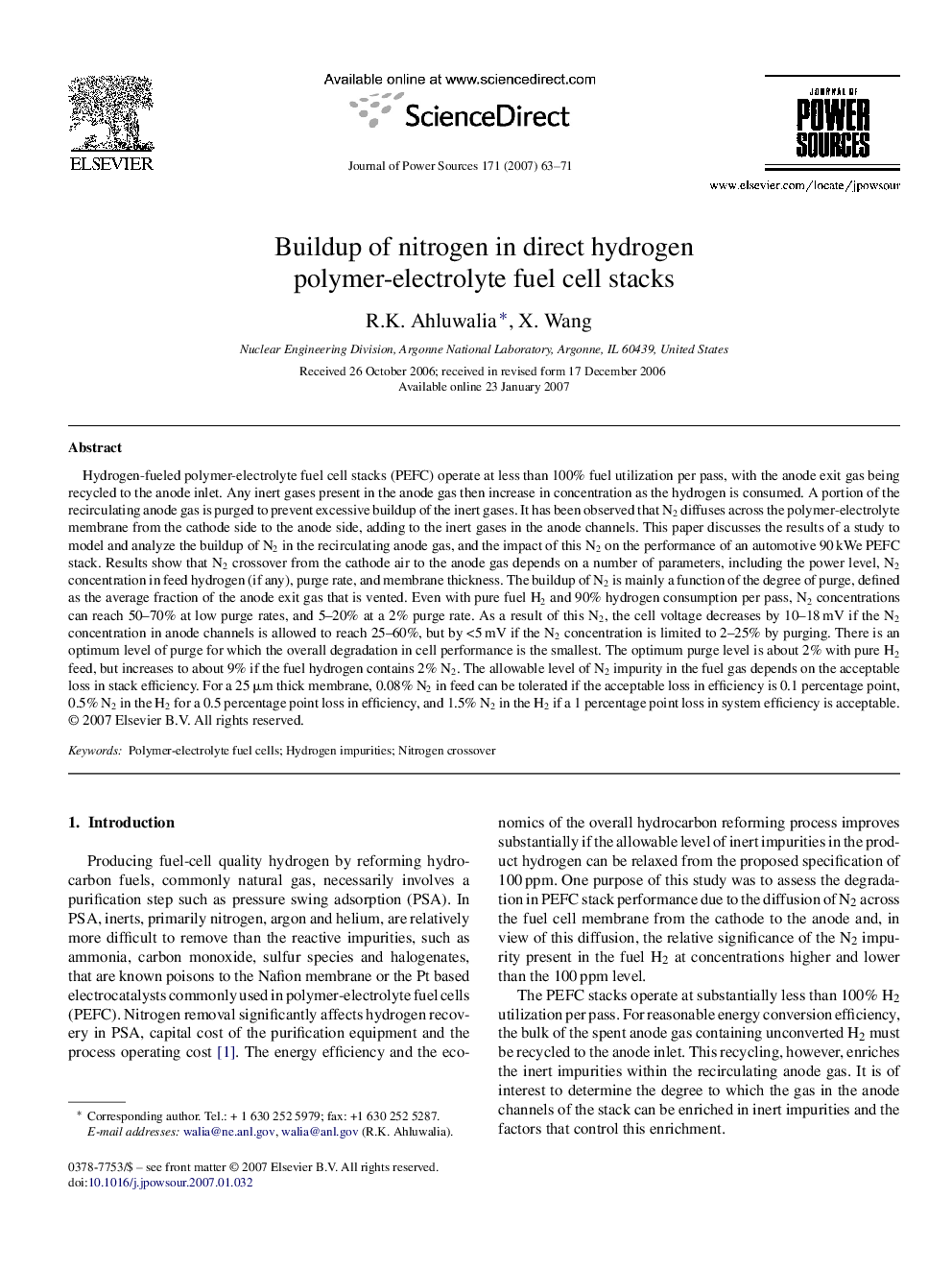 Buildup of nitrogen in direct hydrogen polymer-electrolyte fuel cell stacks