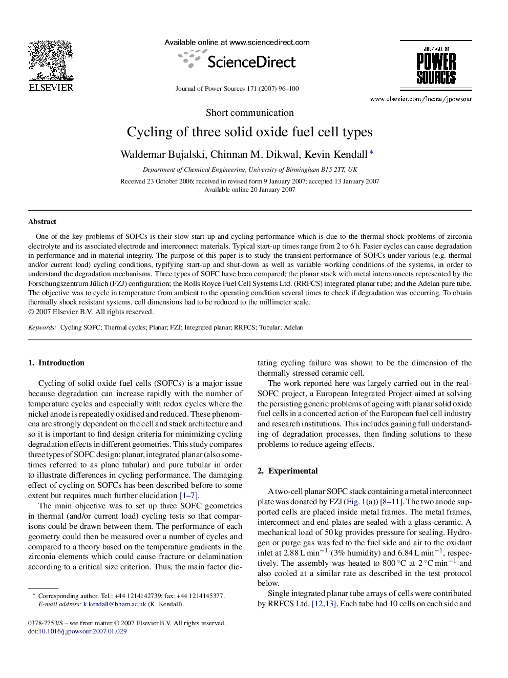 Cycling of three solid oxide fuel cell types