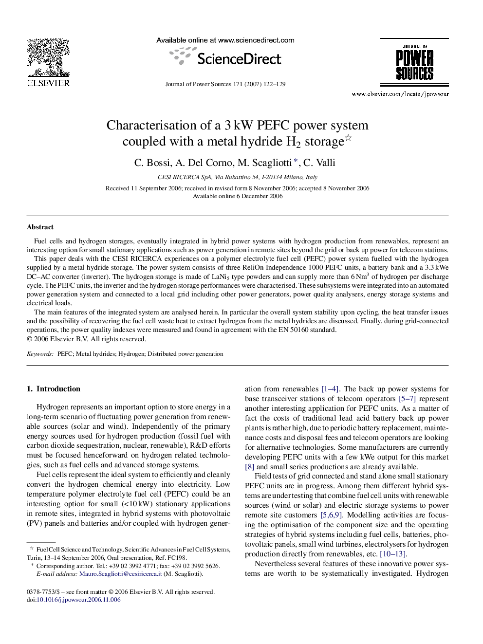 Characterisation of a 3 kW PEFC power system coupled with a metal hydride H2 storage 