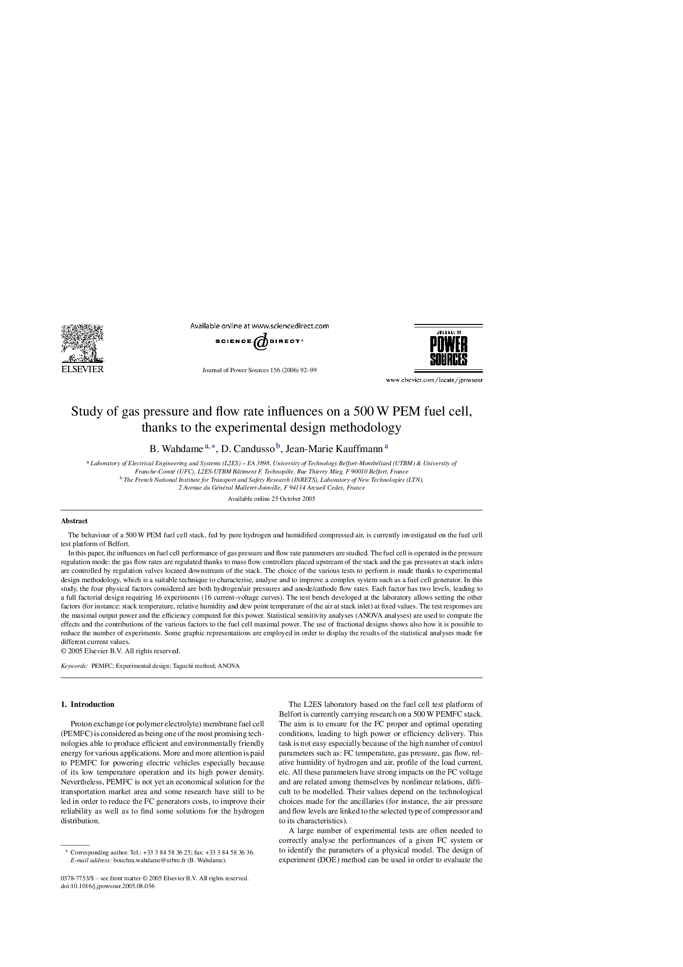 Study of gas pressure and flow rate influences on a 500 W PEM fuel cell, thanks to the experimental design methodology