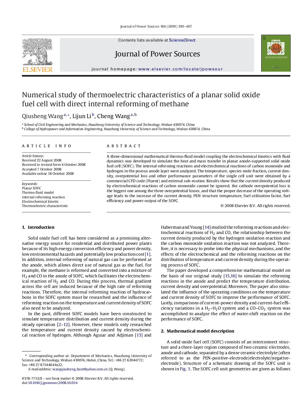 Numerical study of thermoelectric characteristics of a planar solid oxide fuel cell with direct internal reforming of methane