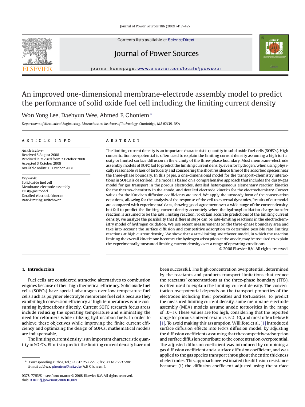 An improved one-dimensional membrane-electrode assembly model to predict the performance of solid oxide fuel cell including the limiting current density