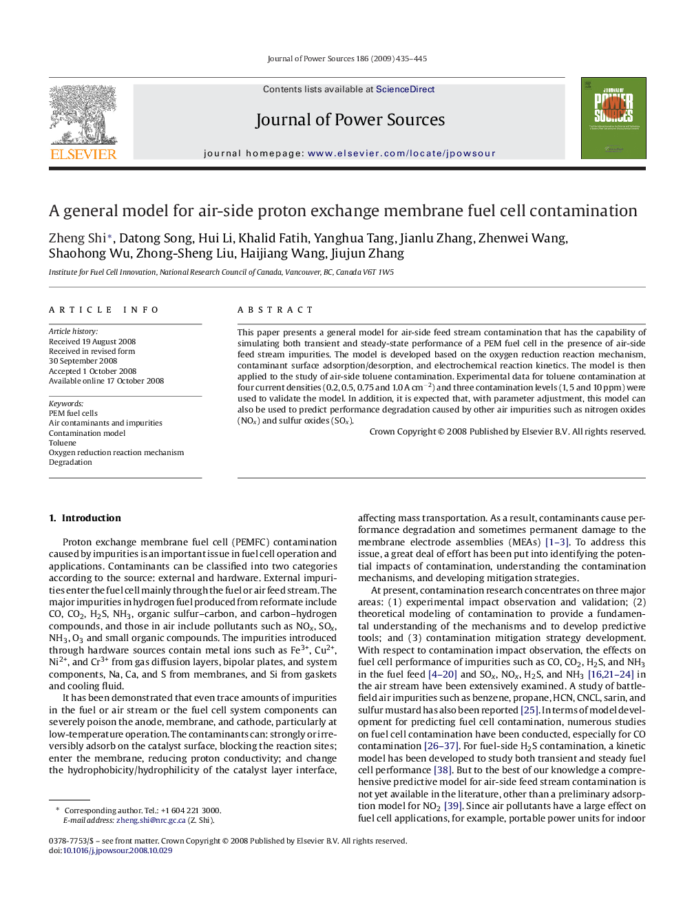 A general model for air-side proton exchange membrane fuel cell contamination